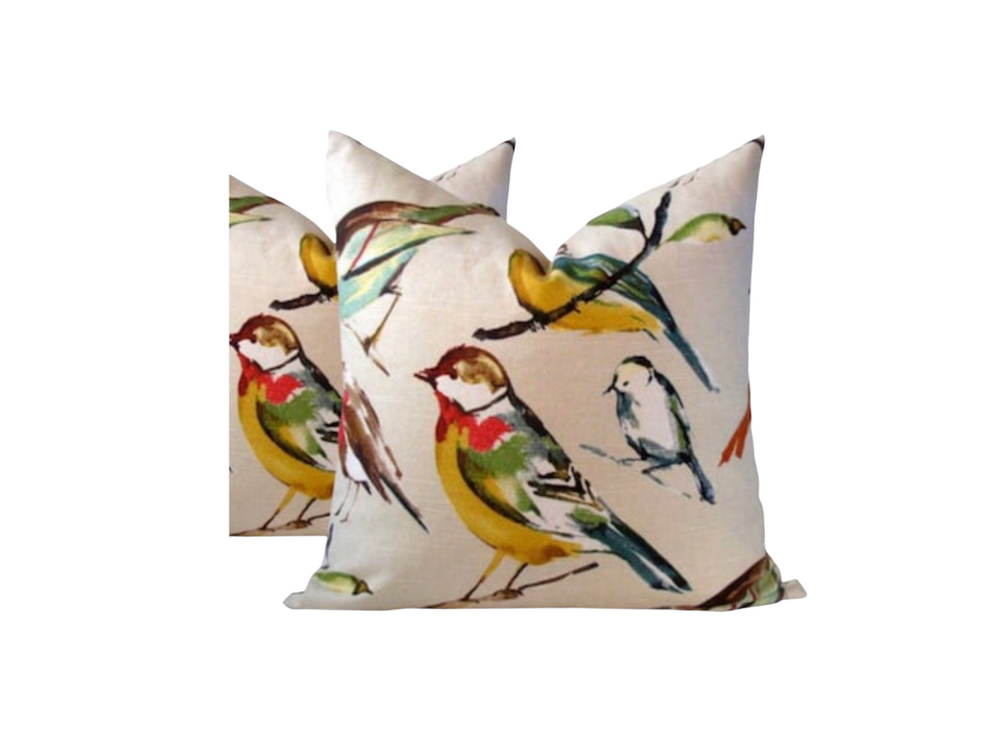 Set of 2 Throw Pillow Covers Lisette Meadow Bird Print Throw Pillow Covers Bird Throw Pillows
